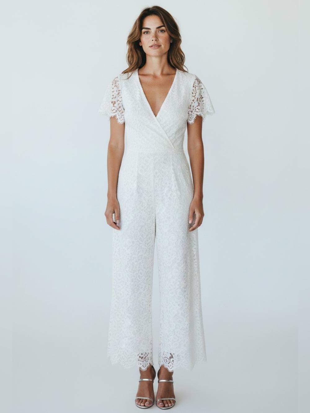 Lulu's White Lace V-Neck Short Sleeve Jumpsuit